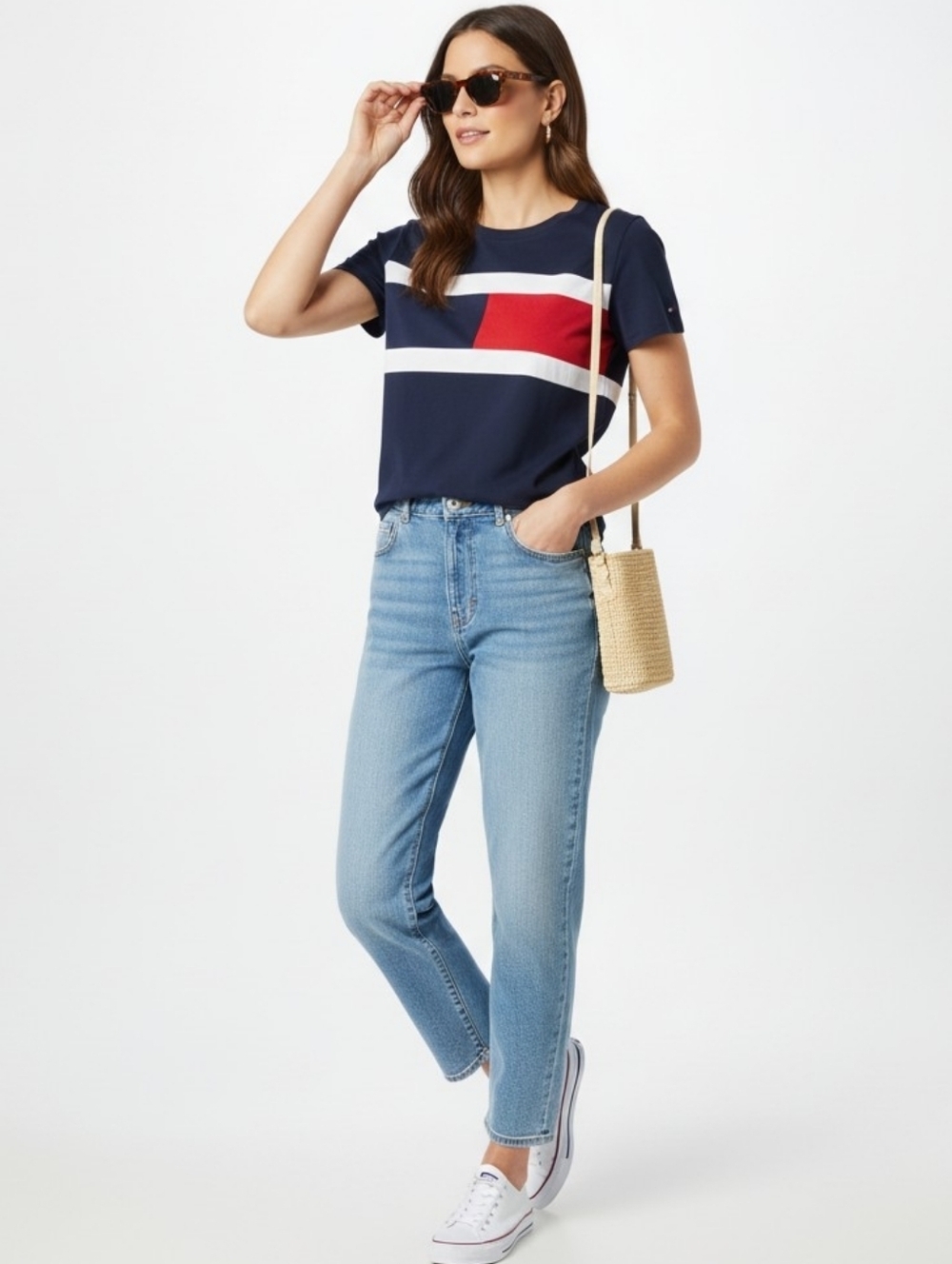 Tommy Hilfiger Sport Colorblock Tee Women Medium Navy Red White Logo T-Shirt